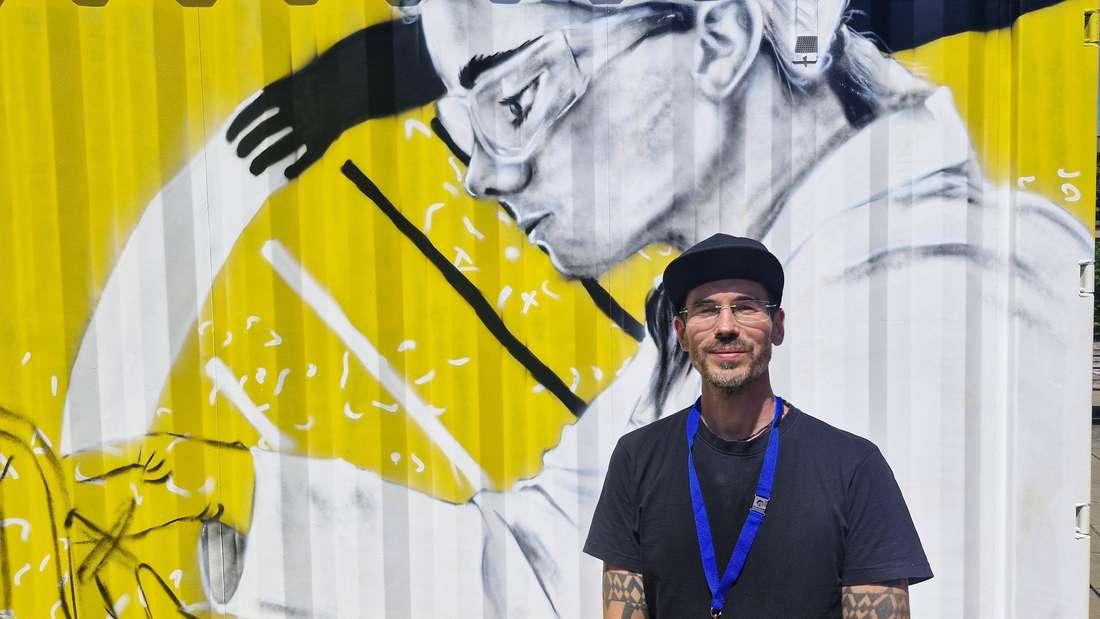Aktion Graffiti-Walk in Göttingen - Übersee-Container wurden an zwei Tagen besprayt, sie stehen ab Mittwoch, 9. Juli, an verschiedenen Orten in der Innenstadt. Malte Orth hat einen Container für Sartorius bestaltet. Foto: Felix Heipke