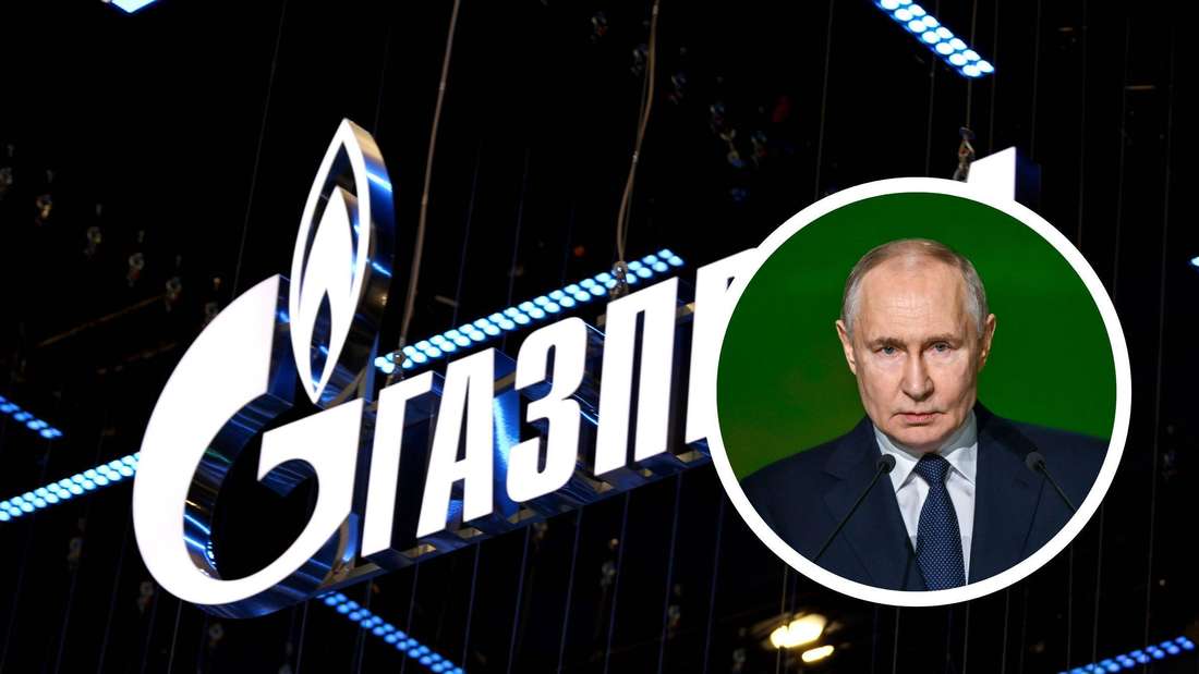 Bildmontage aus Wladimir Putin und dem Gazprom-Schriftzug.