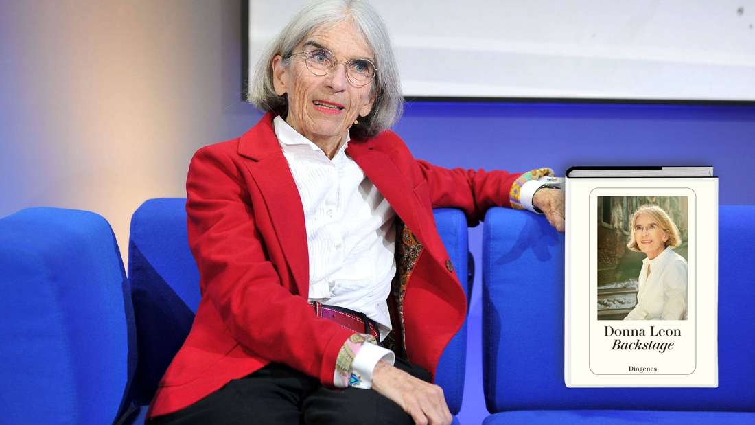 Donna Leon auf der Frankfurter Buchmesse 2022 und das Cover von „Backstage“ (Montage)