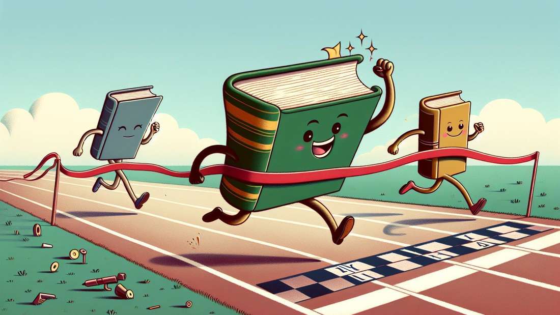 Ein Buch läuft über die Ziellinie (Montage) - Bestseller im Juli