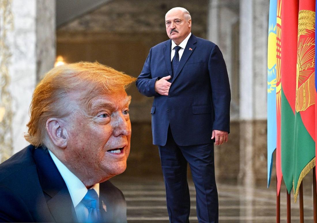 Alexander Lukaschenko im „Palast der Unabhängigkeit“ in Minsk, eingeklinkt eine Porträtaufnahme von Donald Trump