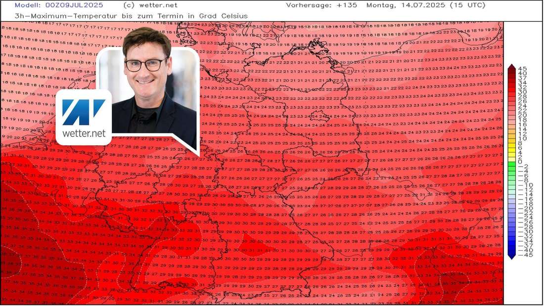 Die Karte mit den Höchstwerten für Montag (14. Juli). 