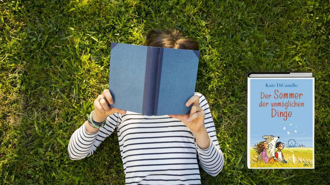 Ein Mädchen liest ein Buch im Garten und das Cover zu „Der Sommer der unmöglichen Dinge“ von Kate DiCamillo (Montage): Lesetipps als PDF herunterladen!