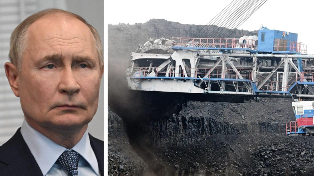 Montage: Porträt von Wladimir Putin. Daneben ein Kohlebagger in einem russischen Tagebau.