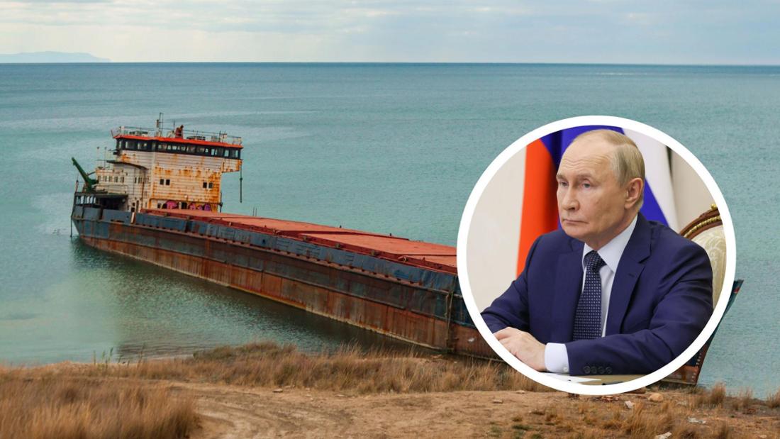 Bildmontage aus einem russischen Ölfrachter und Wladimir Putin.