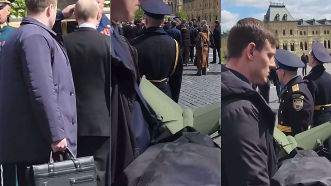 Mann mit Aktentasche steht hinter Putin, Mann mit Drohnen-Abfangjäger in Tasche