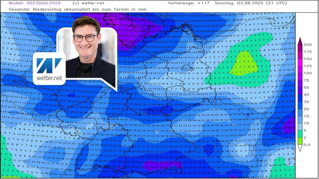 Die Regensummen bis Sonntag (2. August). 