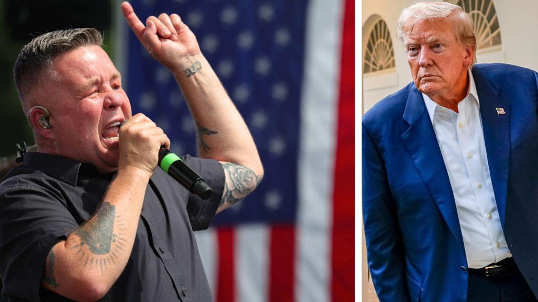 Links: Ken Casey, Sänger der Dropkick Murphys, während eines Auftritts. Rechts: US-Präsident Donald Trump schaut grimmig um die Ecke.