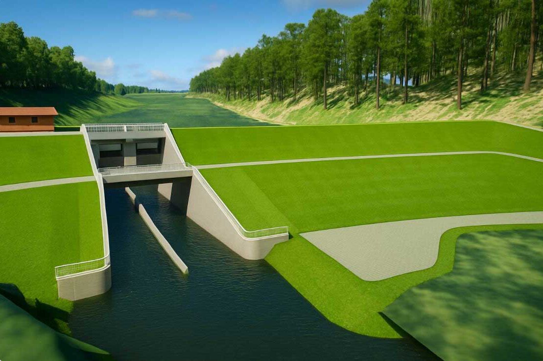 Simulation des Absperrbauwerks des Hochwasserrückhaltebeckens Mulartshütte. Quelle: WVER - 
