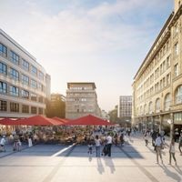 So soll der geplante Biergarten in der Essener City aussehen. Besucherinnen und der Besucher des Hofbräuhauses sowie der Markthalle können dort Platz nehmen.