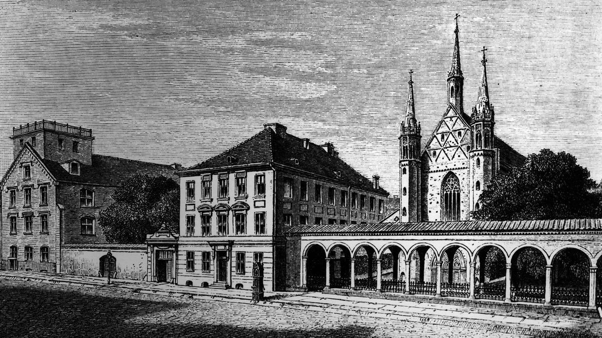 Die ehemalige Klosterkirche auf einem Holzstich aus dem Jahr 1883. Das Gebäude soll in ähnlicher Form wieder aufgebaut werden und zum Kulturzentrum werden.