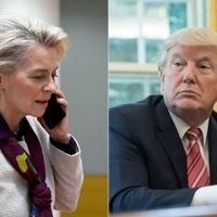 (COMBO) This combination of file pictures created on July 7, 2025 shows: (L) President of the European Commission Ursula von der Leyen speaking on the phone as she arrives for a EU Summit, at the EU headquarters in Brussels, on March 24, 2023; and (R) US President Donald Trump waiting to speak on the phone with Irish Prime Minister in the Oval Office at the White House in Washington, DC, on June 27, 2017. EU chief Ursula von der Leyen and US President Donald Trump had a 