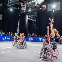 3x3 Wheelchair Basketball Frauen: Deutschland (schwarz) gegen USA (weiss) in der Vorrunde bei den FISU World University Games am Donnerstag, den 17. Juli 2025, in der Jahrhunderthalle in Bochum. 