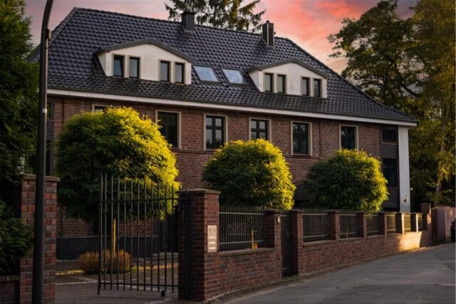 Die Villa wurde aus gebrannten Ziegelsteinen gebaut. Vor der Klinkerfassade sind drei kleiner Bäume und ein Eingangsbereich mit einem schwarzen Tor zu sehen.