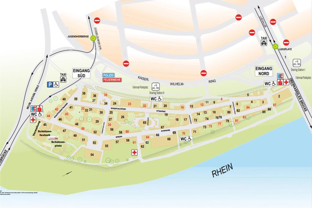 Rheinkirmes Düsseldorf 2025: Der Lageplan zeigt Fahrgeschäfte, Imbissbuden, Toiletten, Eingänge, Haltestellen und mehr.