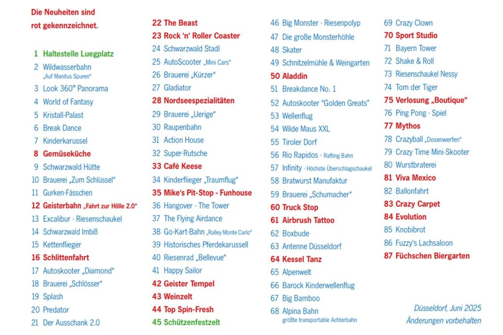 Liste der Fahrgeschäfte, Imbissbuden und Festzelte zum Lageplan der Rheinkirmes in Düsseldorf 2025.