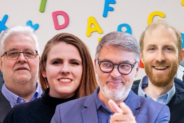 Die Spitzenkandidaten der größten Parteien für die Ratswahl 2025 (v.l.): Michael Kauch (FDP), Heiner Garbe (AfD), Katrin Lögering (Grüne), Thomas Westphal (SPD), Jendrik Suck (CDU), Utz Kowalewski (Linke). Im Hintergrund: eine Kita-Tafel zum Lernen von Buchstaben.