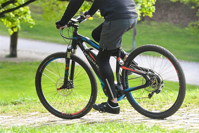 Ein Mann fährt mit einem E-Bike der Marke Haibike durch einen Park. Das Fahrrad hat eine schwarze Lackierung mit blauen und roten Akzenten.
