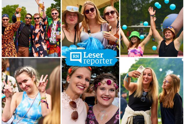 Collage aus Archivfotos der letzten Jahre Juicy Beats. Feiernde Menschen in ihren Festival-Outfits.
