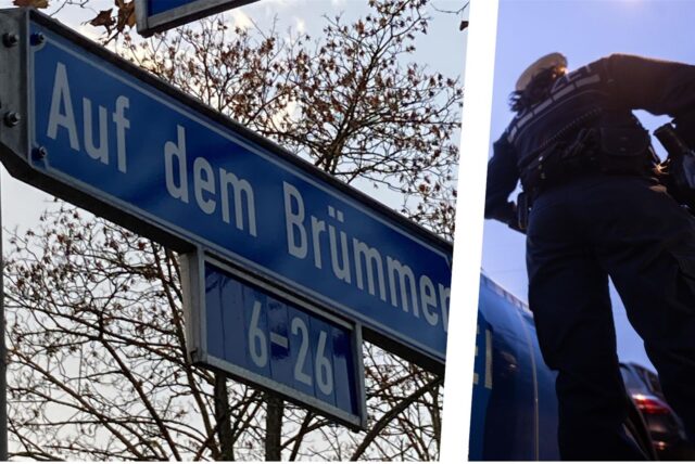 Bildkombo: links Straßenschild Auf dem Brümmer, rechts polizeibeamtin neben einem Streifenwagen