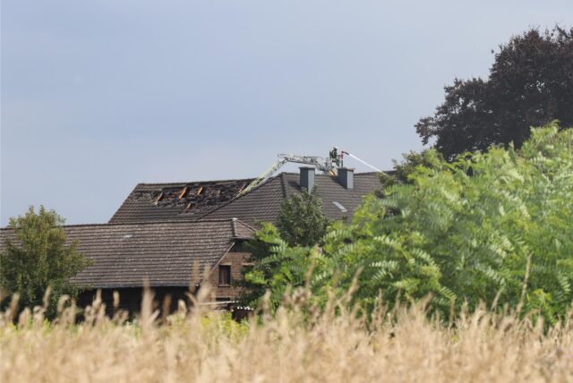 Ein Feuerwehrmann steht auf einer Drehleiter am Gehöft an der Karmscher Heide in Dortmund-Scharnhorst.