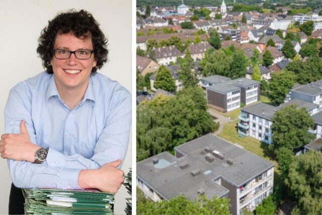 Das Bild zeigt einen jungen Mann mit Brille und blauem Hemd, der sich auf einen Stapel grüner Akten lehnt. Es ist Markus Roeser vom Mieterverein Dortmund. Im Hintergrund ist eine Luftaufnahme eines Wohngebiets mit Mehrfamilienhäusern und viel Grün in Dortmund-Hombruch zu sehen.