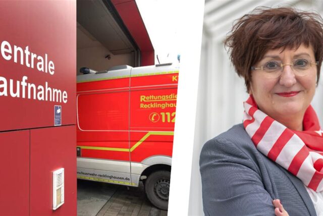 Links die zentrale Notaufnahme des Elisabeth-Krankenhauses in Recklinghausen, rechts ein Porträt von Krankenhaus-Geschäftsführerin Ulrike Much