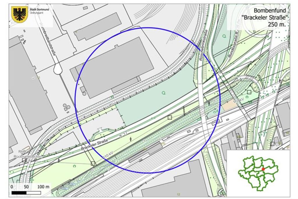 Eine Karte zeigt die Brackeler Straße in Dortmund. Dort eingezeichnet: der Evakuierungsradius rund um den Blindgänger, der dort gefunden wurde.