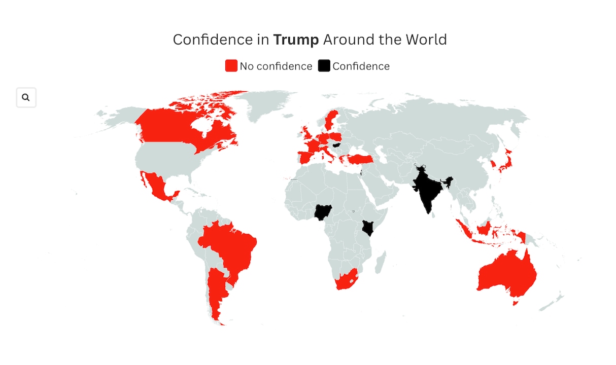 Die Karte zeigt, wo Trump geschätzt wird und wo er kein Vertrauen der Menschen hat. 