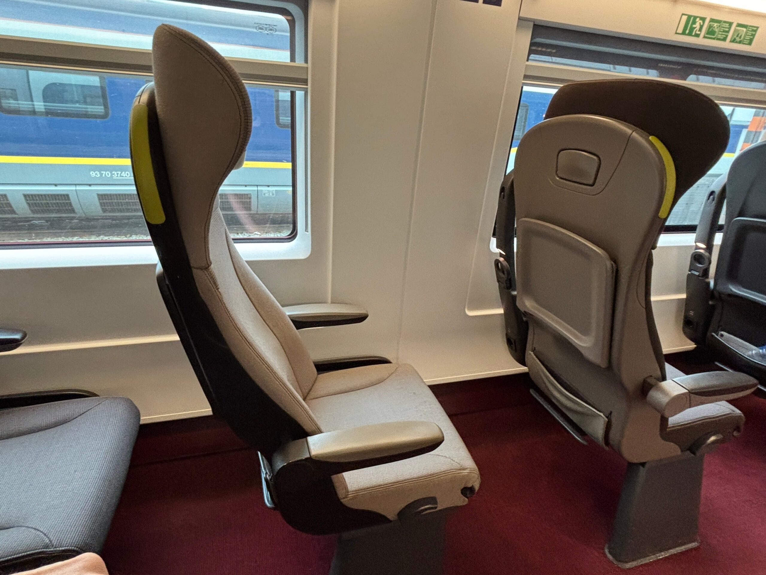 A row of seats on the Eurostar Plus cabin