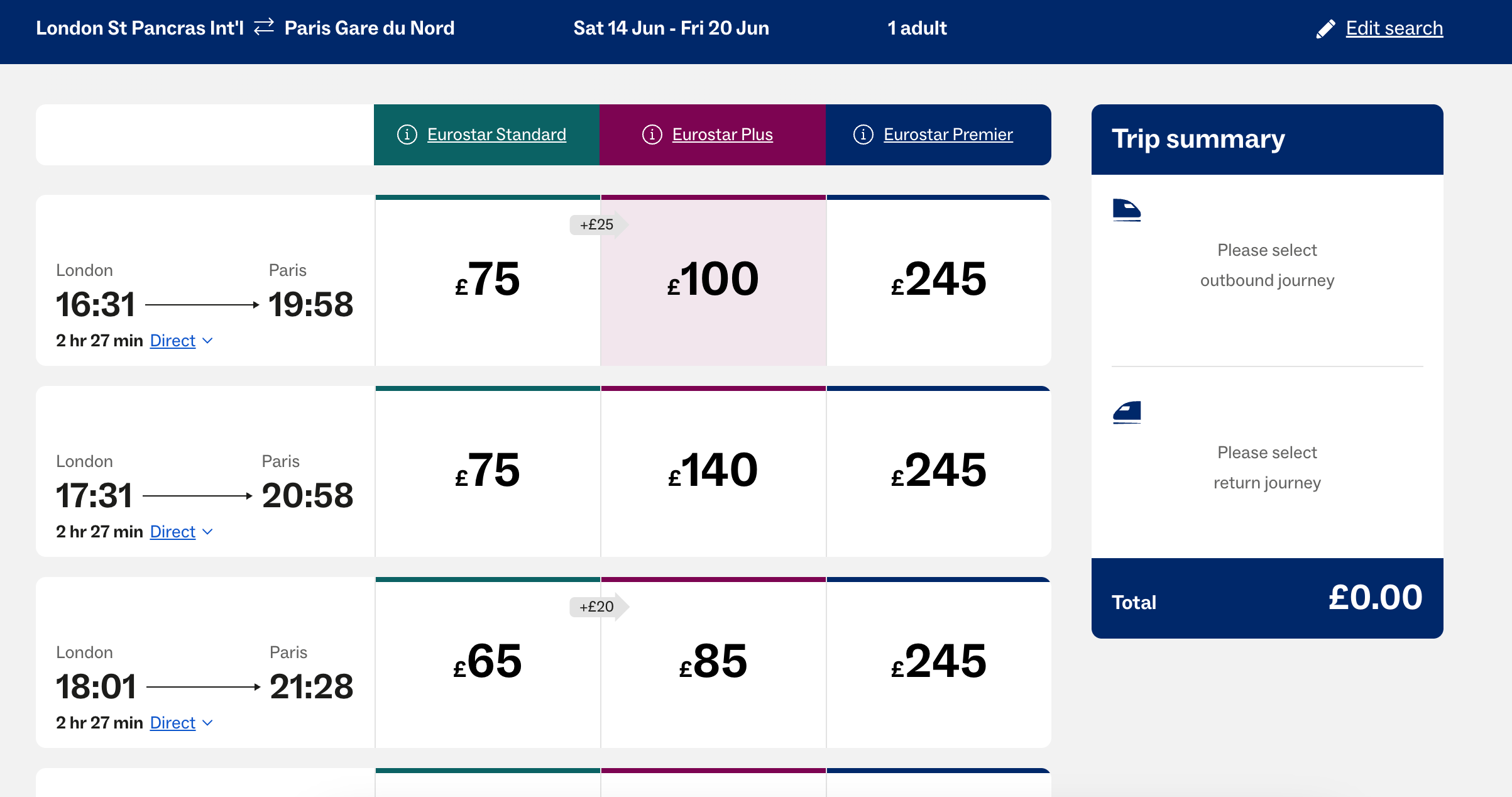 A screenshot of the Eurostar booking website shows Eurostar Plus being an upgrade of only £25