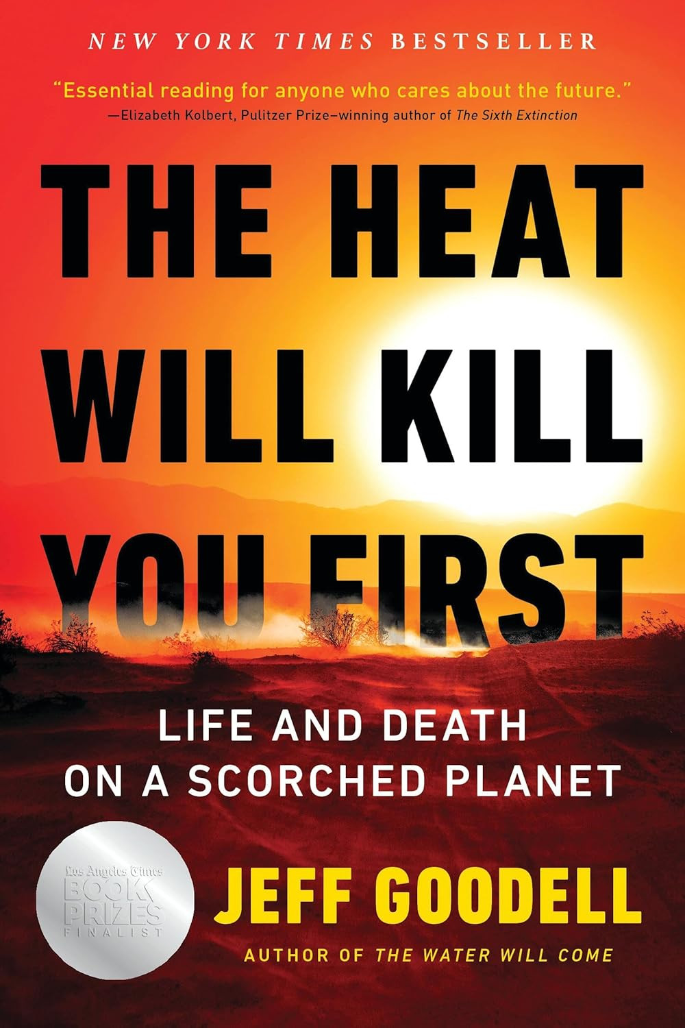 Buchcover von ’The Heat Will Kill You First’ von Jeff Goodell mit einem brennenden Sonnenuntergang im Hintergrund.