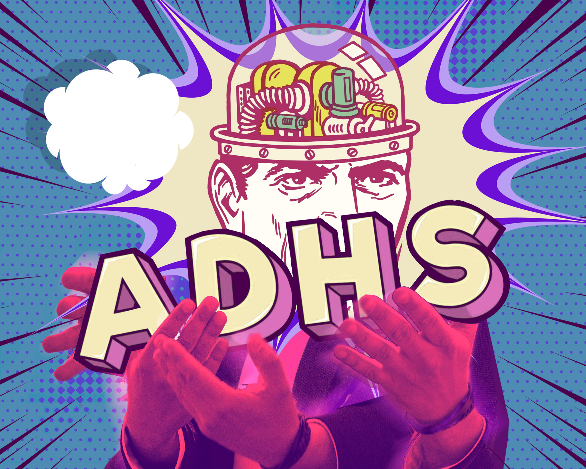 Illustration eines Mannes mit einem transparenten Helm voller Zahnräder und Maschinen auf dem Kopf, umgeben von einem Comic-Stil Hintergrund. Der Schriftzug ’ADHS’ ist über seinen Händen platziert.