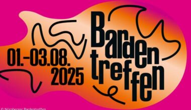 Ein Flyer für das Bardentreffen in Pink und Orange
