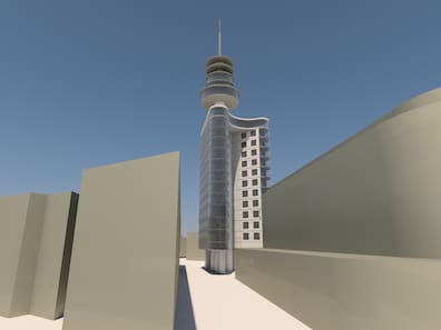 So sah der jüngste Entwurf von Investor Oliver Blume aus: Bauskizze für einen Wohn- und Veranstaltungskomplex im ehemaligen Fernsehturm am Raschplatz Hannover, dem sogenannten Telemoritz. Der neue Turmeigentümer Oliver Blume will hier etwa 160 Miniapartments und mehrere Veranstaltungsetagen unterbringen.