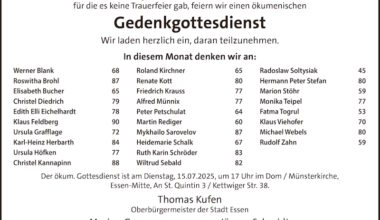 Ökumenischer Gedenkgottesdienst für die Unbedachten in der Domkirche – ausnahmsweise am 15. Juli