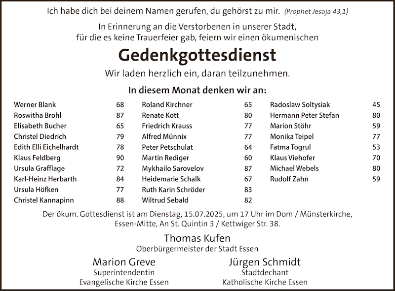 Ökumenischer Gedenkgottesdienst für die Unbedachten in der Domkirche – ausnahmsweise am 15. Juli