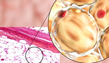 Eine mikroskopische Aufnahme von menschlichem Fettgewebe, das in einem Querschnitt dargestellt ist. Links zeigt das Bild eine histologische Färbung mit weißen Fettzellen, die als große, runde Strukturen erscheinen, umgeben von rosa gefärbtem Bindegewebe. Ein vergrößerter Ausschnitt, bei dem es sich um eine  computergenerierte Illustration handelt, hebt die Struktur der Fettzellen hervor, die als große, gelbliche Kugeln mit roten Zellkernen erscheinen. Die Darstellung verdeutlicht die Anordnung und Beschaffenheit von Fettgewebe auf zellulärer Ebene.