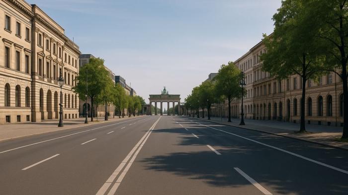 KI-generierte Grafik zeigt Brandenburger Tor und eine utopisch total freie Straße.