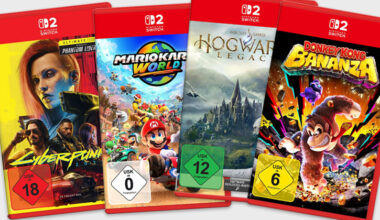 Eine Auswahl jener Nintendo Switch 2-Spiele, die in physischer Version mit Modul ('Software-Schlüssel-Karte') erscheinen - Abbildungen: Nintendo of Europe, Warner Bros., CD Projekt