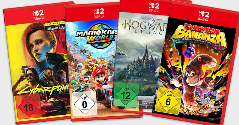 Eine Auswahl jener Nintendo Switch 2-Spiele, die in physischer Version mit Modul ('Software-Schlüssel-Karte') erscheinen - Abbildungen: Nintendo of Europe, Warner Bros., CD Projekt