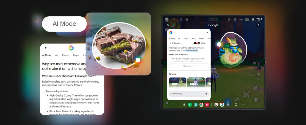Zwei Screenshots zeigen den AI Mode in Circle to Search: Links erklärt Google die Herkunft teurer Schokolade, rechts hilft die Funktion beim Besiegen eines Bossgegners in einem Videospiel.