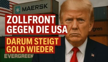 Donald Trump vor Containern und US-Flagge mit Schriftzug zum Zollkrieg und Goldpreis.