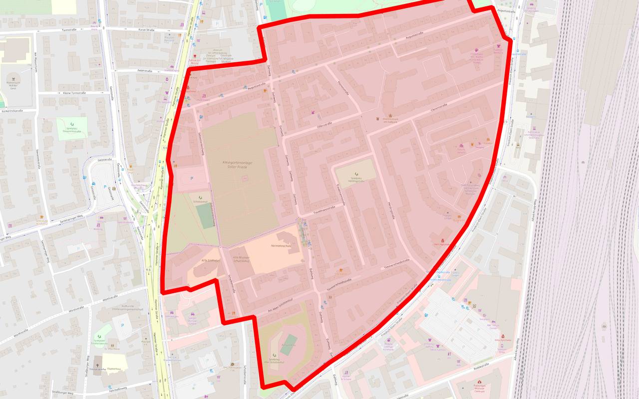 Auf einer Karte ist der mögliche Evakuierungsbereich um den Verdachtspunkt in der Herdingstraße zu sehen.