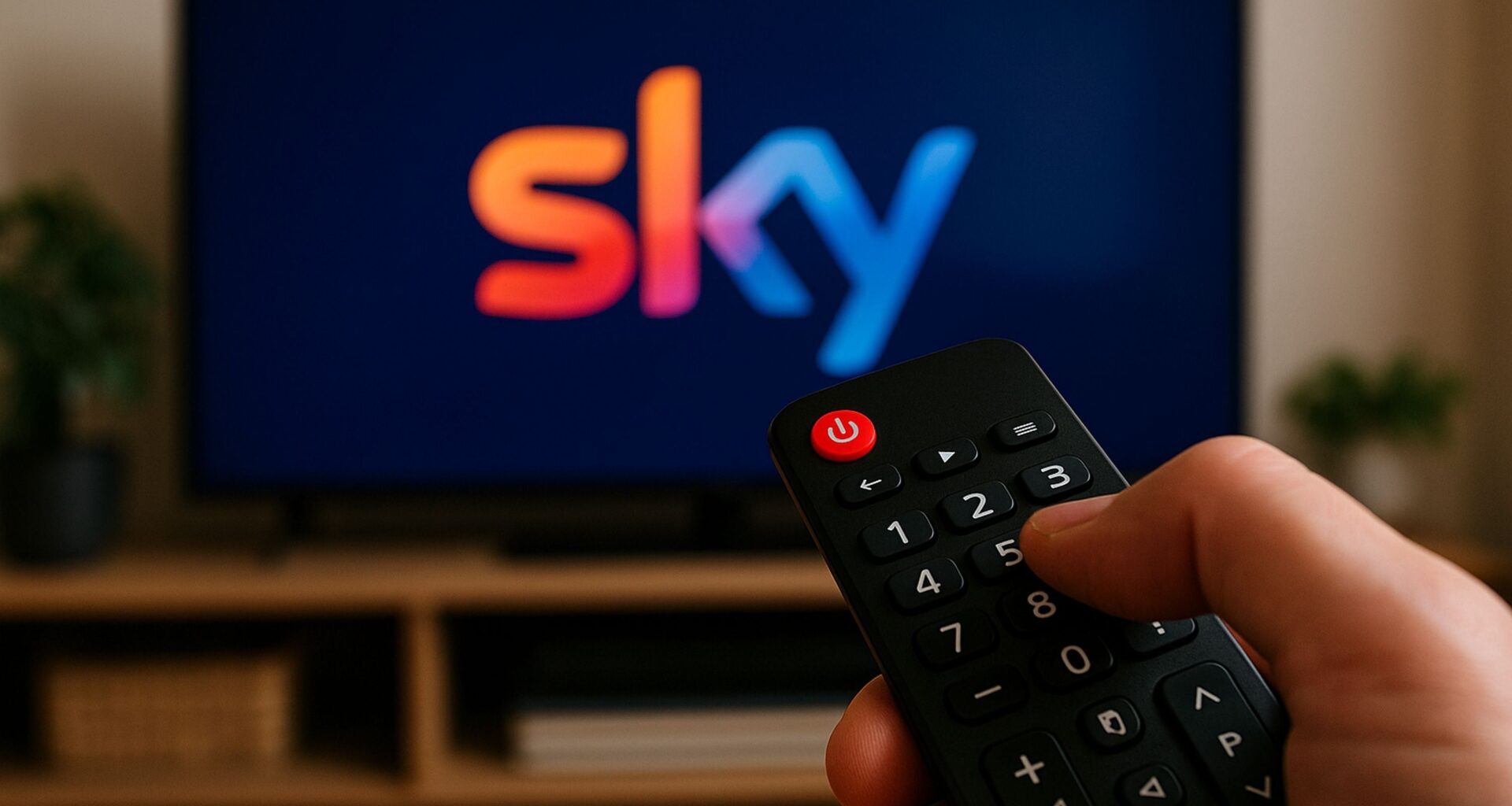 Ein TV mit einem Sky-Logo, im Vordergrund eine Fernbedienung