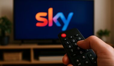 Ein TV mit einem Sky-Logo, im Vordergrund eine Fernbedienung