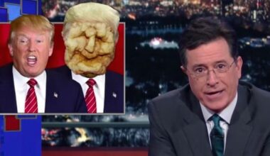 TV-Bild von der Late-Night-Show: Trump und neben ihm dem Moderator Stephen Colbert.