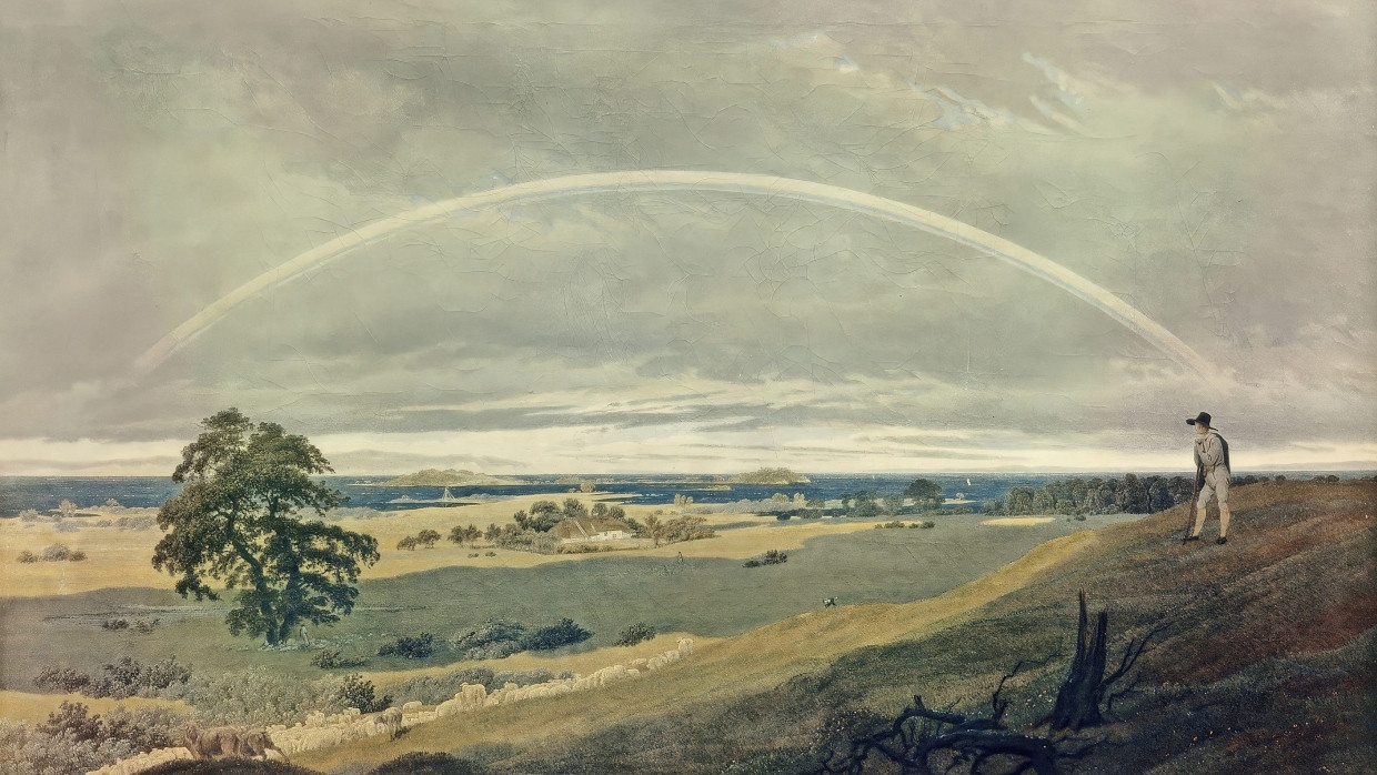 Der Lichtdruck von Friedrichs „Landschaft (von Rügen) mit Regenbogen, Schafherde und Hirt“ zeigt in seiner Konstruiertheit, wie sehr es um ein inneres Bild geht.