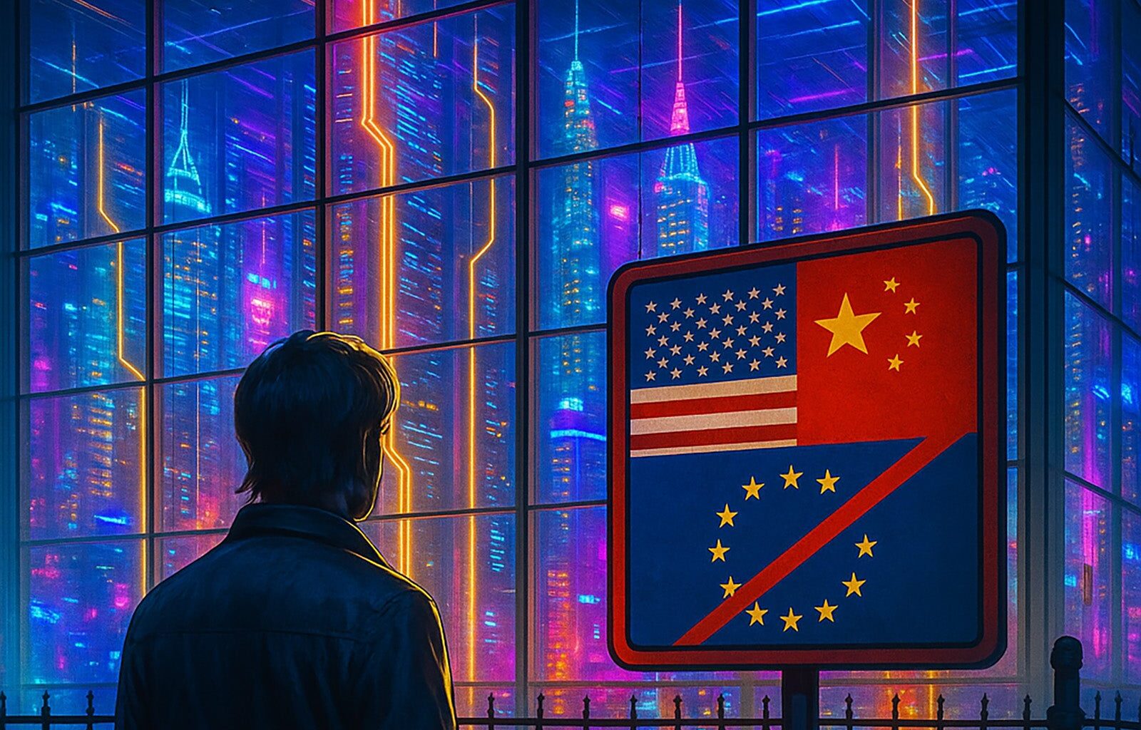 Ein Bürger steht vor einem die Zukunft symbolisierenden Hochhaus. Auf einem Schild sehen wir eine US- und eine China-Flagge, darunter ist die europäische Flagge durchgestrichen.