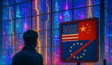 Ein Bürger steht vor einem die Zukunft symbolisierenden Hochhaus. Auf einem Schild sehen wir eine US- und eine China-Flagge, darunter ist die europäische Flagge durchgestrichen.